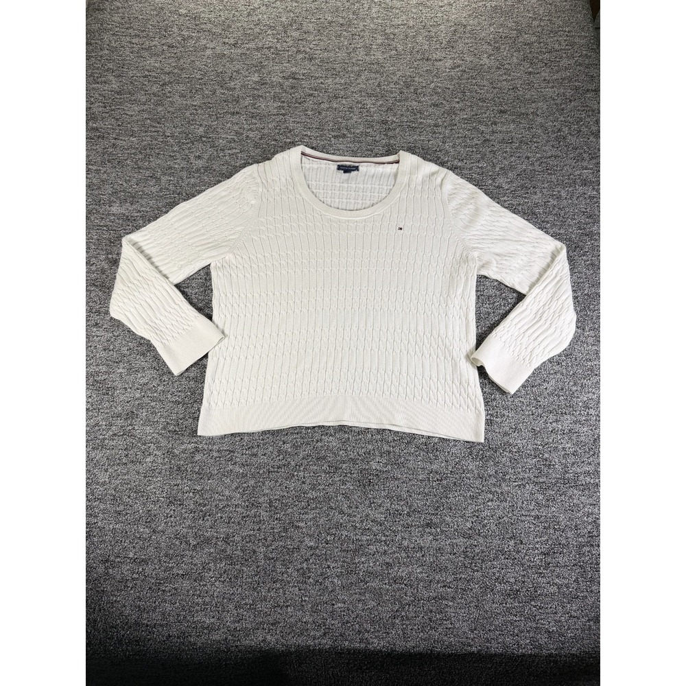 Tommy Hilfiger Sweater Womens XL White Logo Cable Knit Ribbed Hem Round Neck